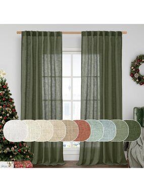 Olive Green Linen Semi-Sheer Curtains, 96" Long, 2 Panels for Elegant Home Decor